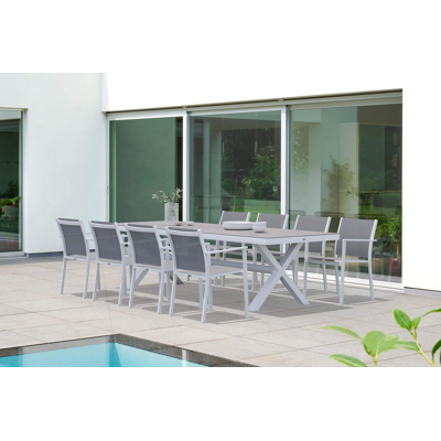 Reza tuinset in wit aluminium en grijs volkeramiek tafelblad met 8 stapelbare Bareto tuinstoelen