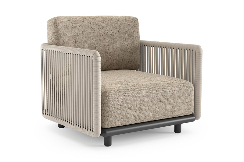 Organo loungestoel in zwart aluminium en beige verticaal geweven luxe vlakke rope met bora jungle all weather Cosytica kussen