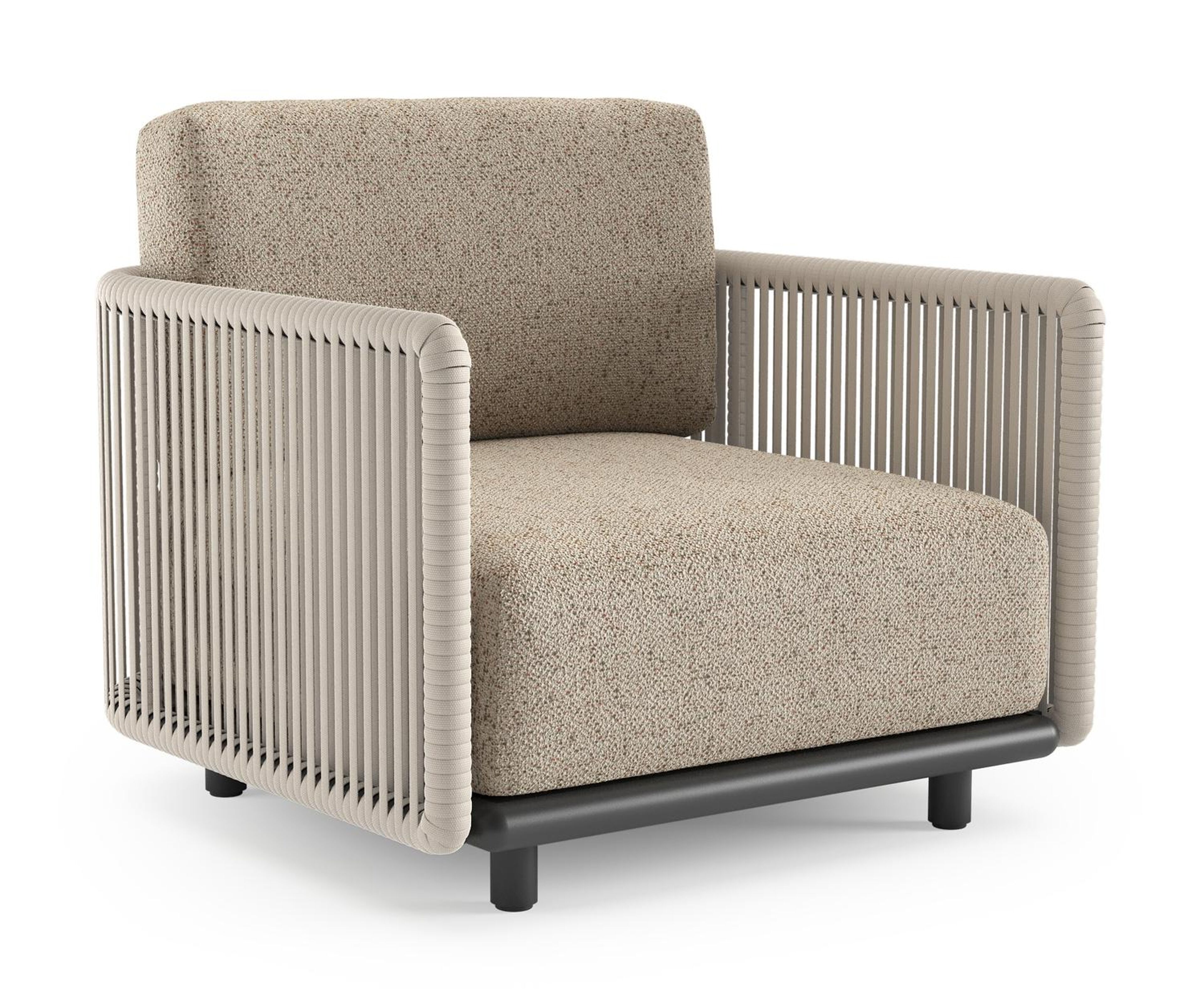 Organo loungestoel in zwart aluminium en beige verticaal geweven luxe vlakke rope met bora jungle all weather Cosytica kussen