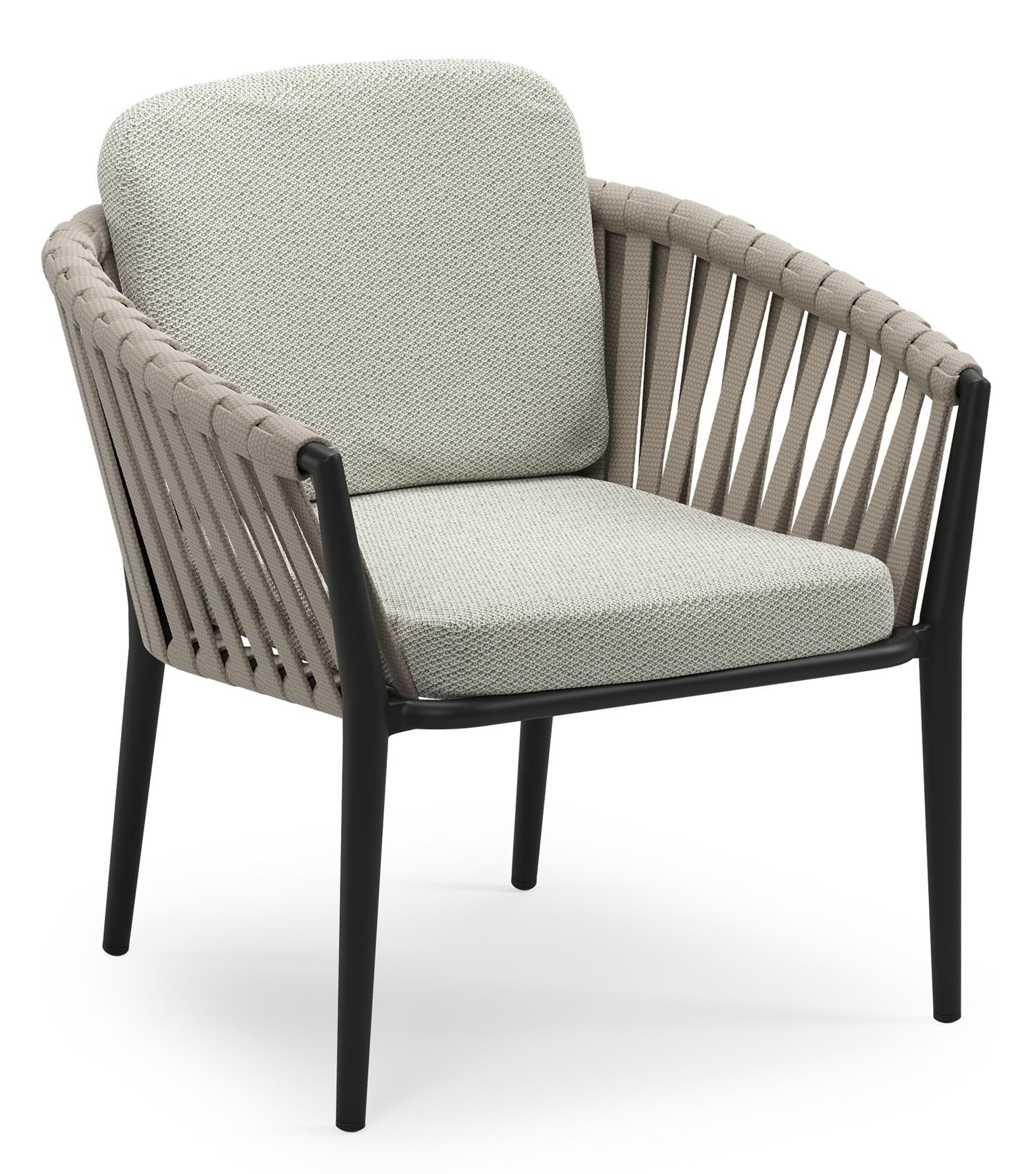 Orso low dining tuinstoel in zwart aluminium en beige verticaal geweven luxe vlakke brede rope met stoelkussen in All Weather Sunbrella® Luxe Lopi Bud