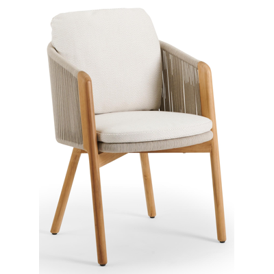 Gardo tuinstoel in teak en beige verticaal geweven ronde rope met kussen in lopi marble all weather sunbrella® luxe