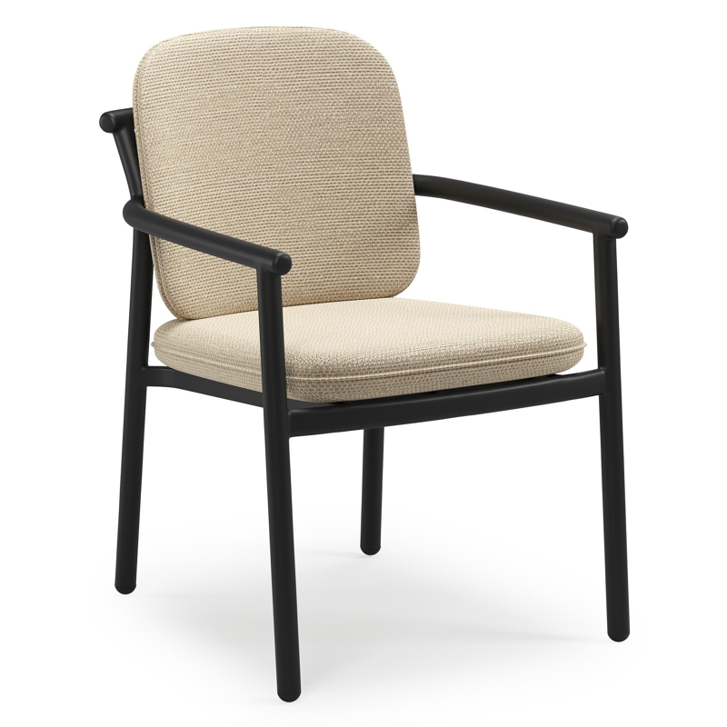 Bono stapelbare tuinstoel in zwart aluminium met stoelkussen in All Weather Cosytica Althea Camel