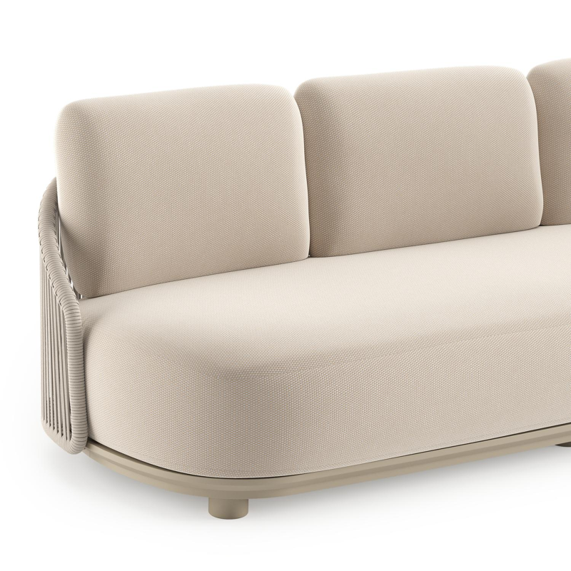 Vadelo loungeset in beige aluminium en beige verticaal geweven ronde rope met lopi antique all weather sunbrella® luxe kussen