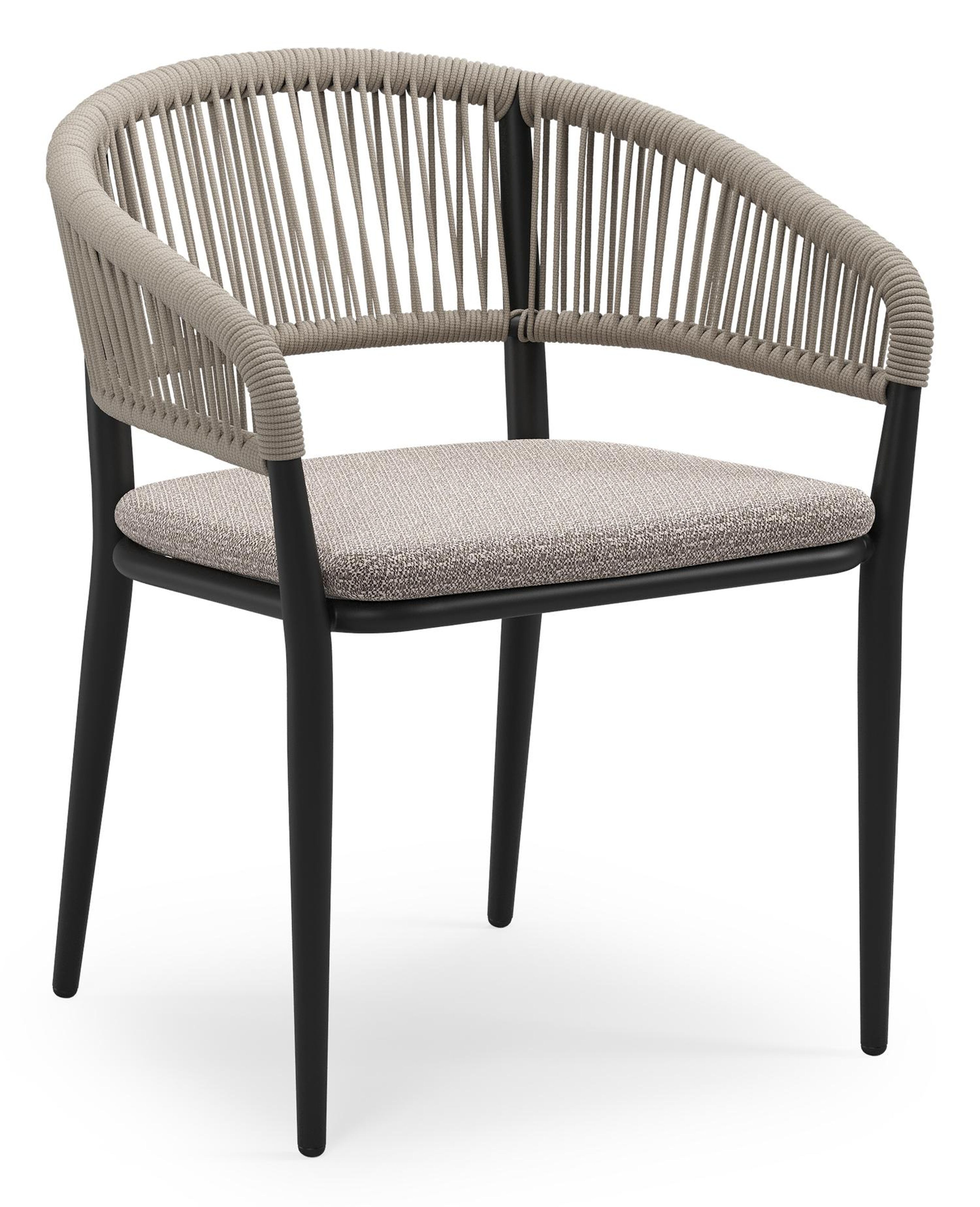 Tolfa stapelbare tuinstoel in zwart aluminium en beige verticaal geweven ronde rope met stoelkussen in All Weather Sunbrella® Luxe Wander Granite