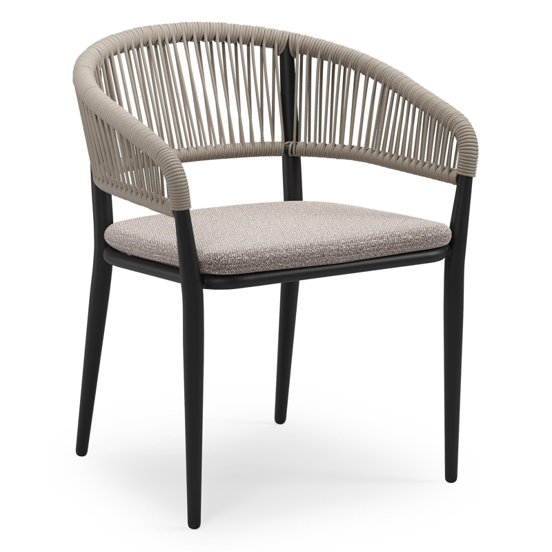 Tolfa stapelbare tuinstoel in zwart aluminium en beige verticaal geweven ronde rope met stoelkussen in All Weather Sunbrella® Luxe Wander Granite