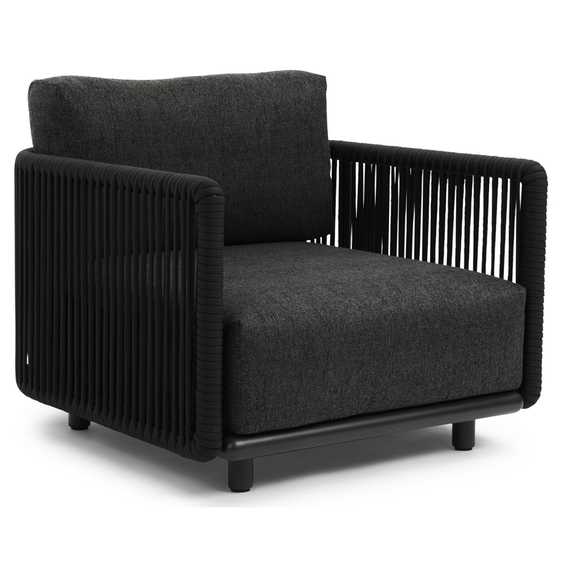 Organo loungestoel 1-zit in zwart aluminium en zwart verticaal geweven luxe vlakke rope met chartres sooty all weather sunbrella® luxe kussen