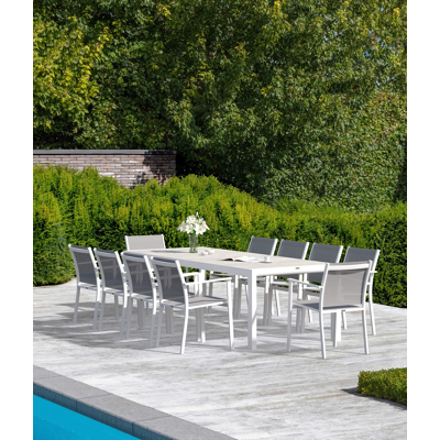 Madura tuinset in wit aluminium en grijs keramische tegels tafelblad met 10 stapelbare Bareto tuinstoelen
