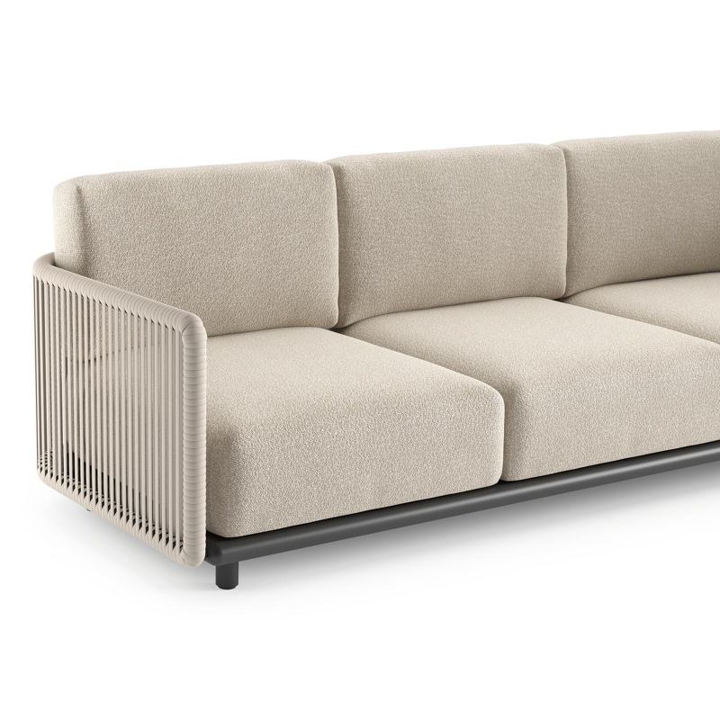 Salon de jardin d'angle Organo en aluminium noir et corde luxe plate tissée verticalement beige et coussin en all weather Cosytica marbella ecru