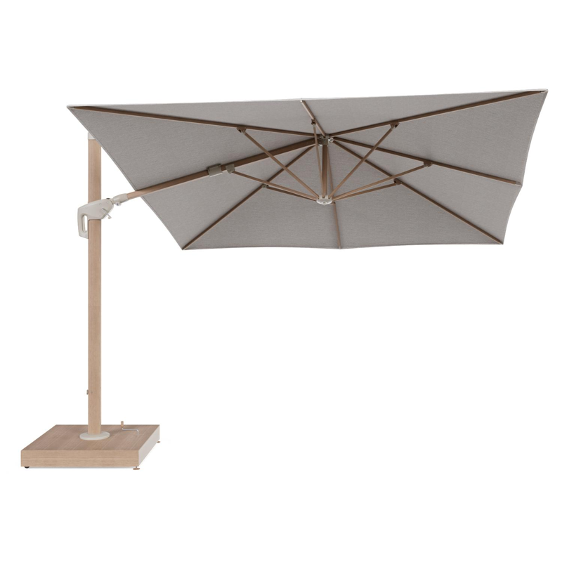 Minore zweefparasol met tiltfunctie in houtlook aluminium en Tundra Sand All Weather Sunbrella® Luxe parasoldoek - L1 350 x L2 350 cm met parasolvoet Minore 260 kg met wielen