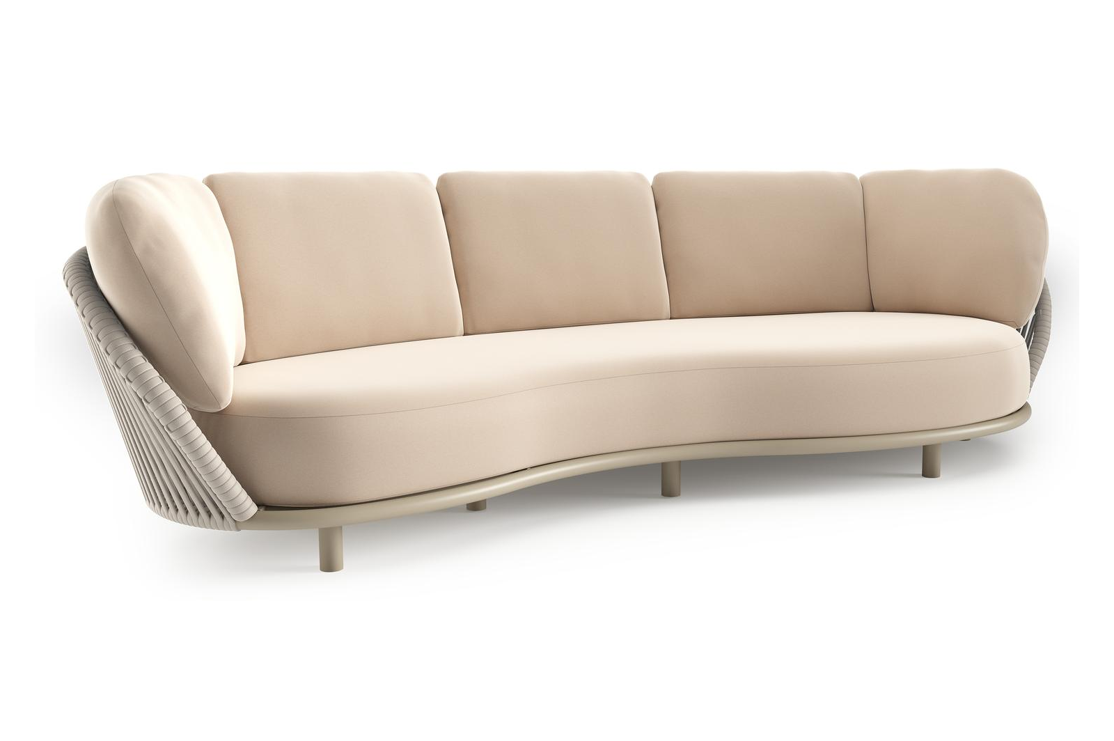 Lupino loungebank in beige aluminium en beige verticaal geweven luxe vlakke brede rope met natte linen chalk all weather sunbrella® luxe kussen