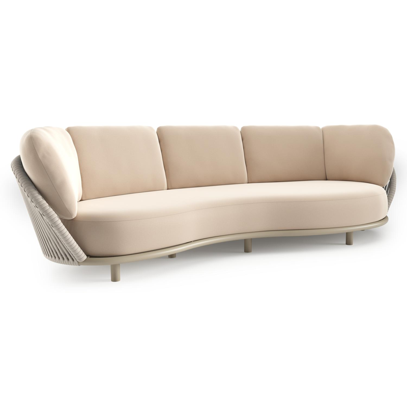 Lupino loungebank in beige aluminium en beige verticaal geweven luxe vlakke brede rope met natte linen chalk all weather sunbrella® luxe kussen