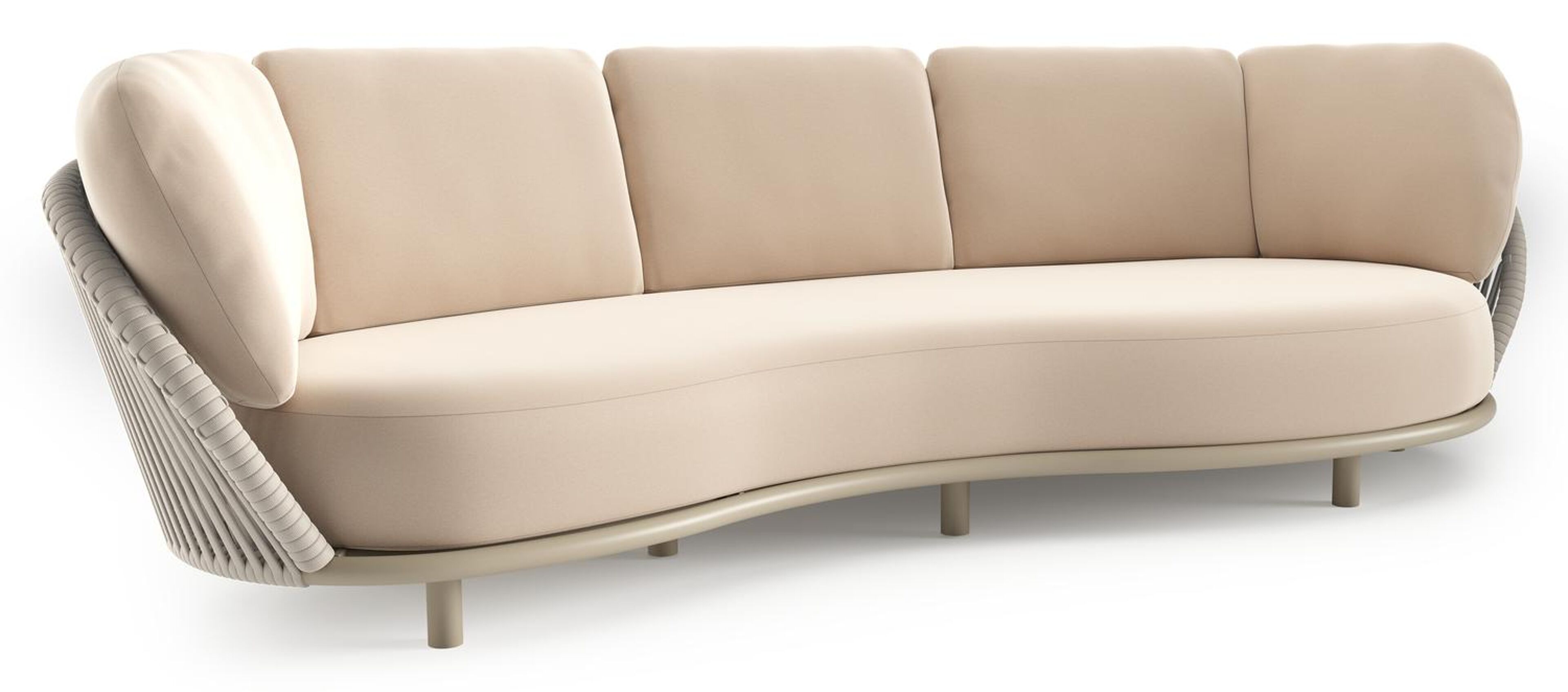 Canapé de jardin Lupino en aluminium beige et corde large plate de luxe tissée verticalement beige et coussins en all weather sunbrella® luxe natte linen chalk