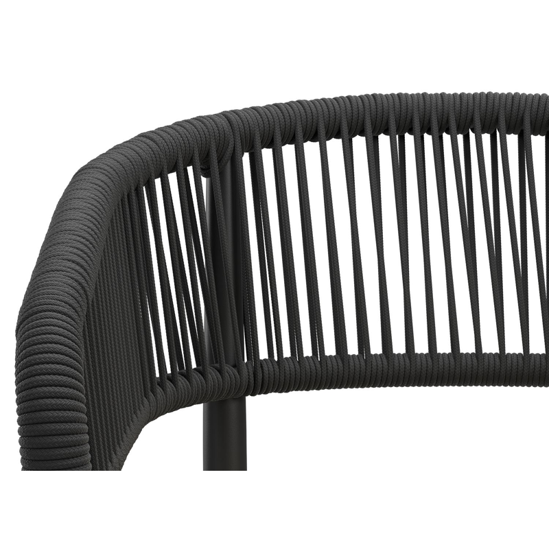 Tolfa stapelbare tuinstoel in zwart aluminium en zwart verticaal geweven ronde rope met stoelkussen in All Weather Cosytica Althea Camel