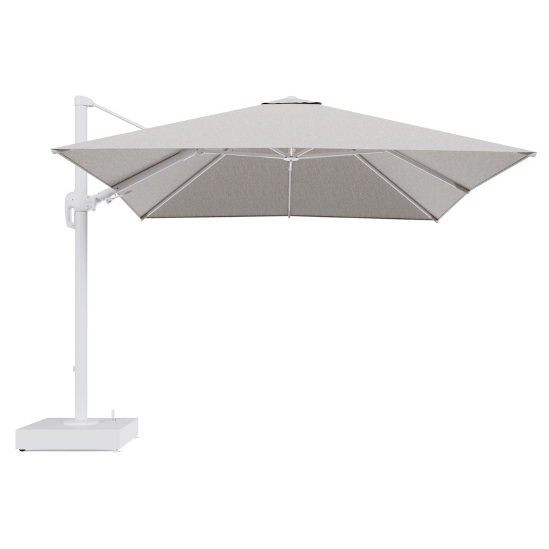 Rufina zweefparasol met tiltfunctie in wit aluminium en Tundra Sand All Weather Sunbrella® Luxe parasoldoek - L1 300 x L2 300 cm met parasolvoet Minore 150 kg met wielen