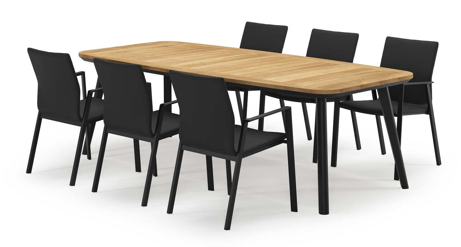 Mosa bootvormige tuinset in zwart aluminium en teak natural finish met 6 Madura tuinstoelen