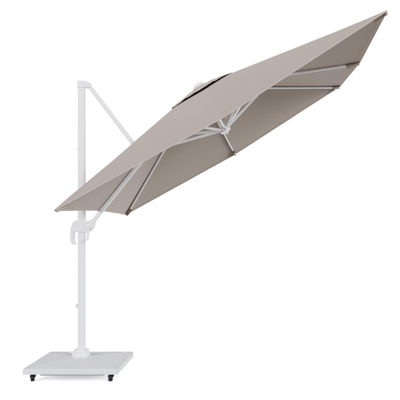 Calpe zweefparasol in wit aluminium en beige Weather+ Softtouch parasoldoek - L1 270 x L2 270 cm met Calpe parasolvoet 70 kg met wielen