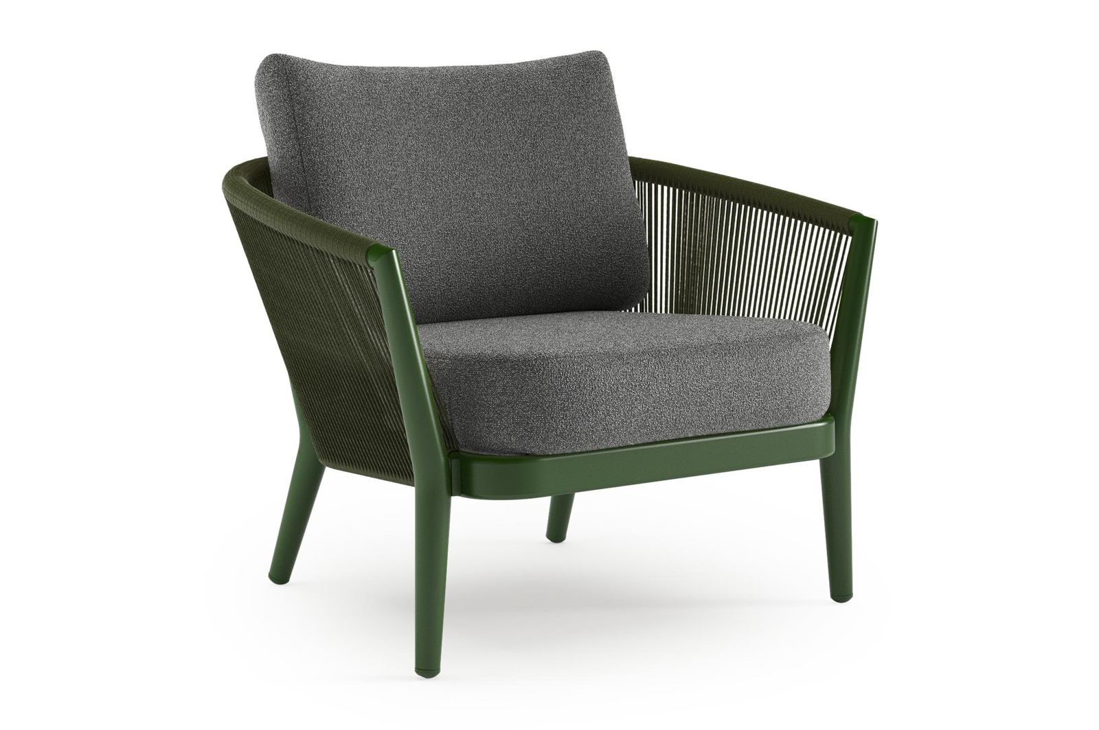 Fauteuil de jardin Orso en aluminium vert en corde ronde tissée verticalement vert et coussins en all weather cosytica Catania Black