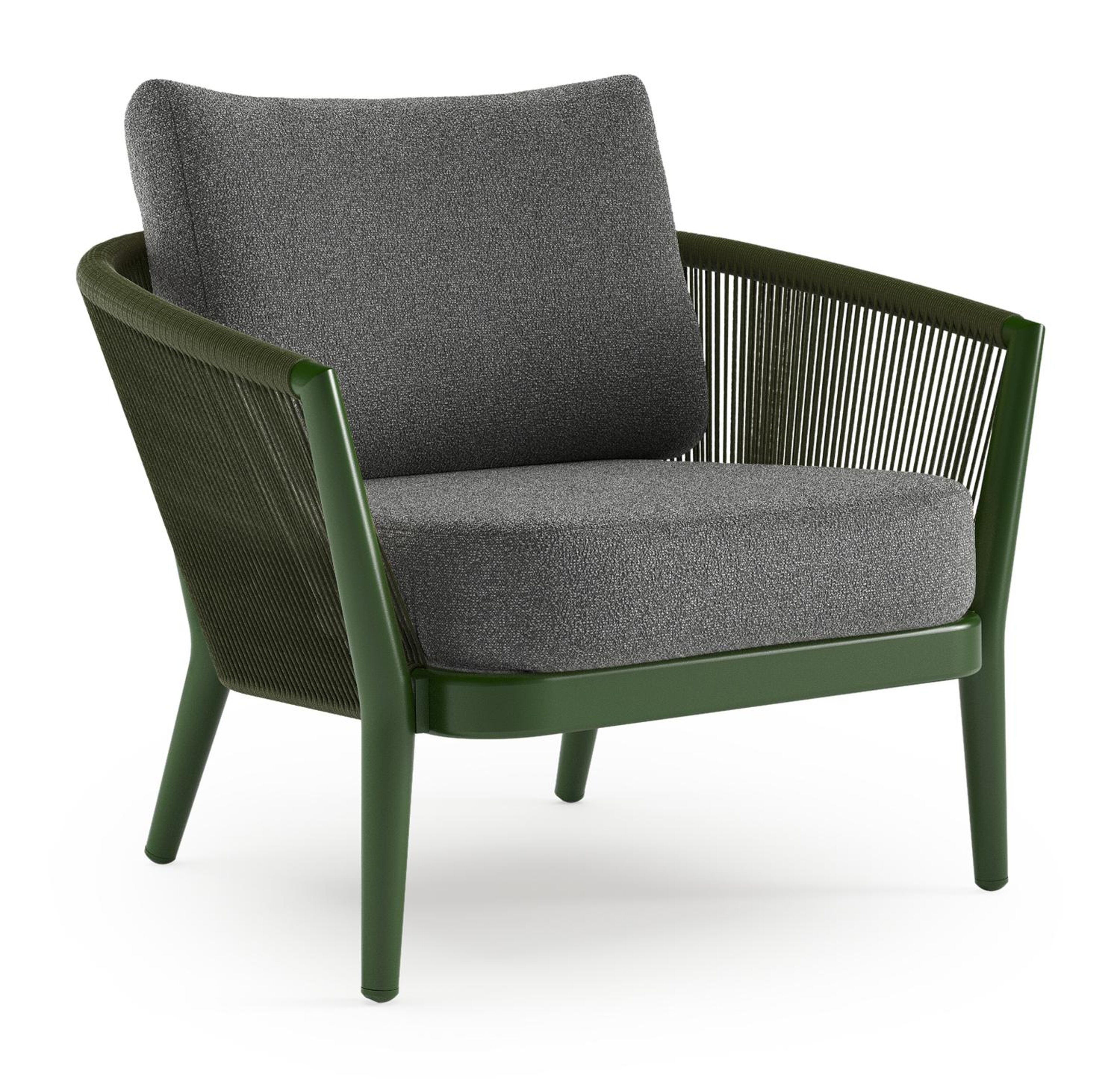 Orso loungestoel in groen aluminium en groen verticaal geweven ronde rope met Catania Black all weather cosytica kussen