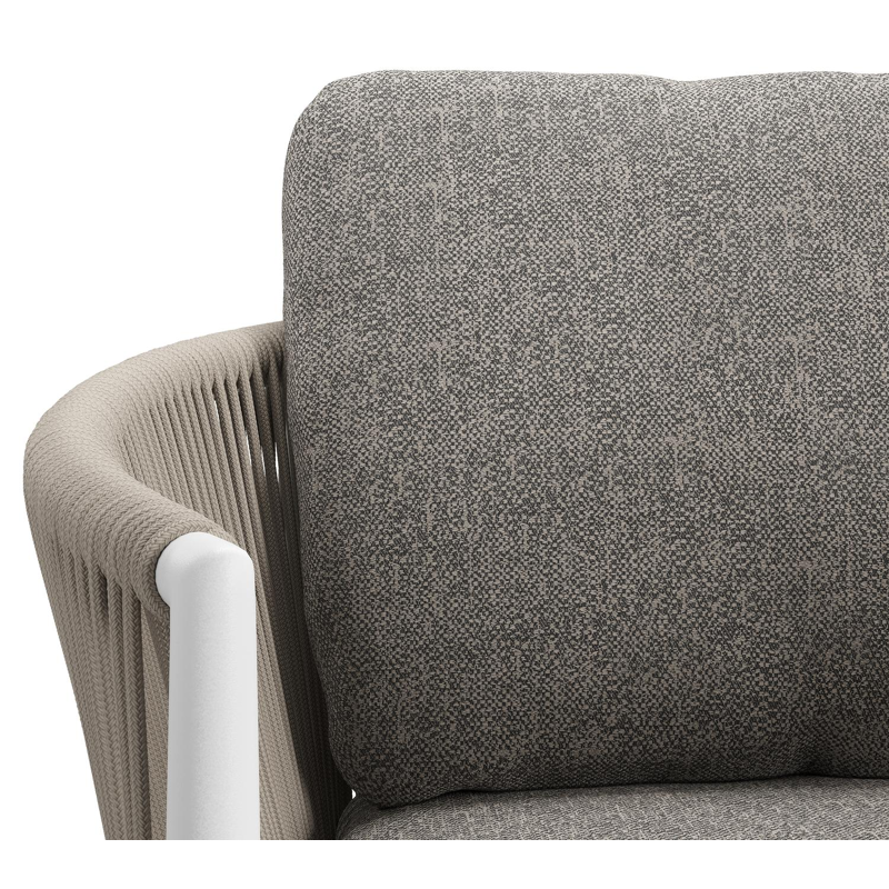 Chaise de jardin Organo en aluminium beige et corde ronde tissée verticalement beige avec coussin en All Weather Sunbrella® Luxe Chartres Drizzle