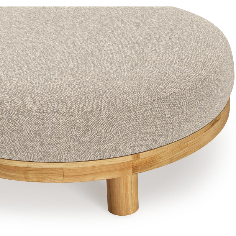 Donato lounge poef in teak en beige verticaal geweven ronde rope met all weather sunbrella® luxe Chartres Pewter kussen