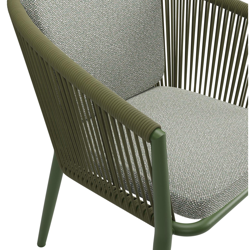 Orso tuinstoel in groen aluminium en groen verticaal geweven ronde rope met zitkussen in All Weather Sunbrella® Luxe Savane Leaf