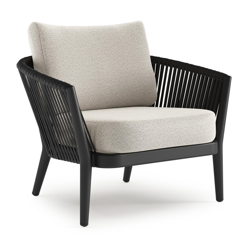 Orso loungestoel in zwart aluminium en zwart verticaal geweven luxe vlakke rope met Firenze Natural all weather solica kussen