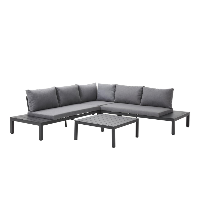 Toma loungehoek in zwart aluminium met grijs polyester kussens en loungetafel