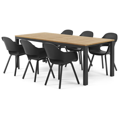 Ensemble de jardin Trente en aluminium noir avec plateau de table en teck Naturel et 6 chaises de jardin Artena