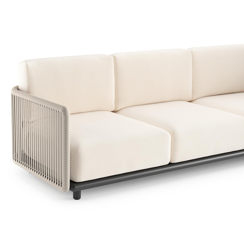 Organo loungehoek in zwart aluminium en beige verticaal geweven luxe vlakke rope met lopi snow all weather Sunbrella® luxe kussen