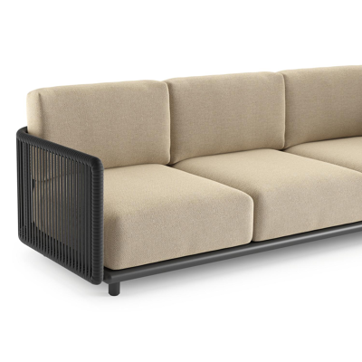 Organo loungeset in zwart aluminium en zwart verticaal geweven luxe vlakke rope met althea camel all weather Cosytica kussen