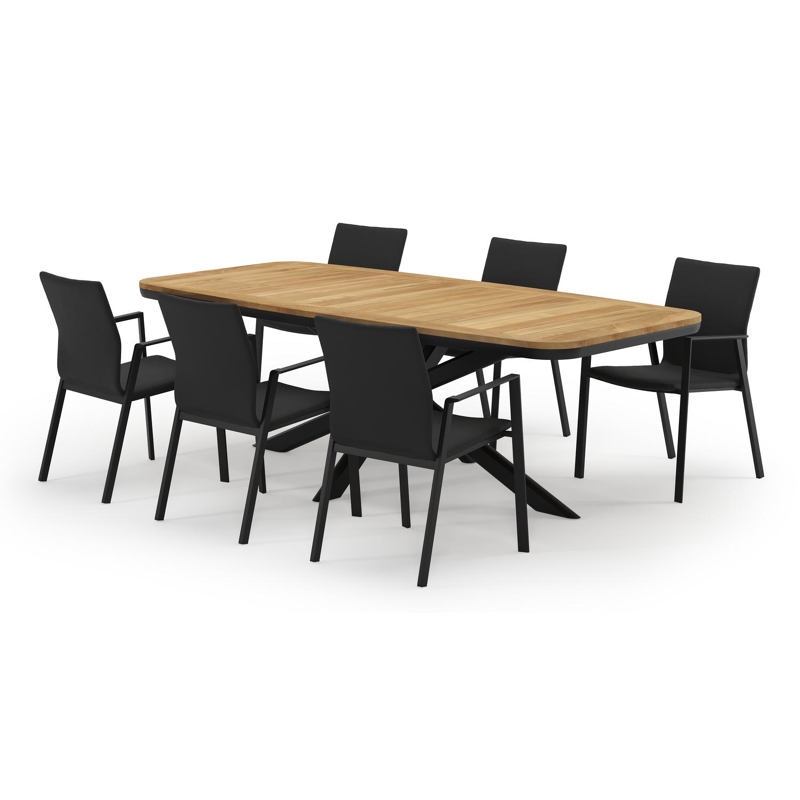 Pamplona bootvormige tuinset in zwart aluminium en teak natural finish met 6 Madura tuinstoelen