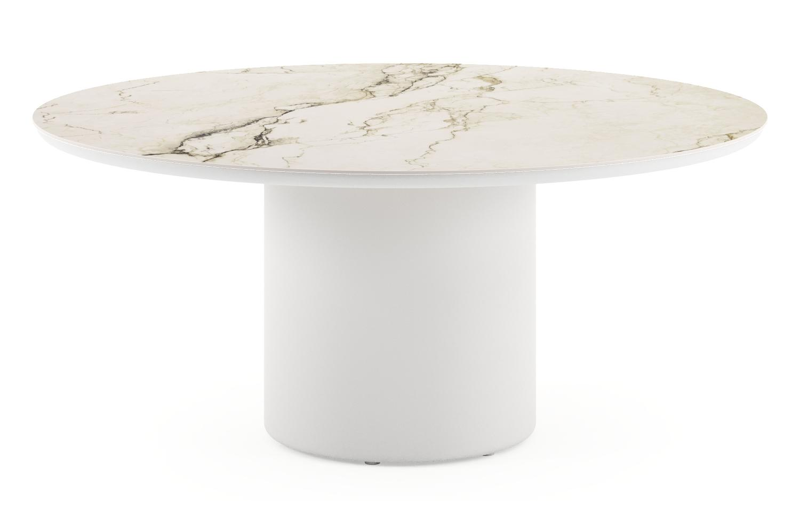 Table de jardin low dining Amico rond en aluminium blanc et céramique pleine Colorado Dunes - Diam. 148 x Haut. 61 cm