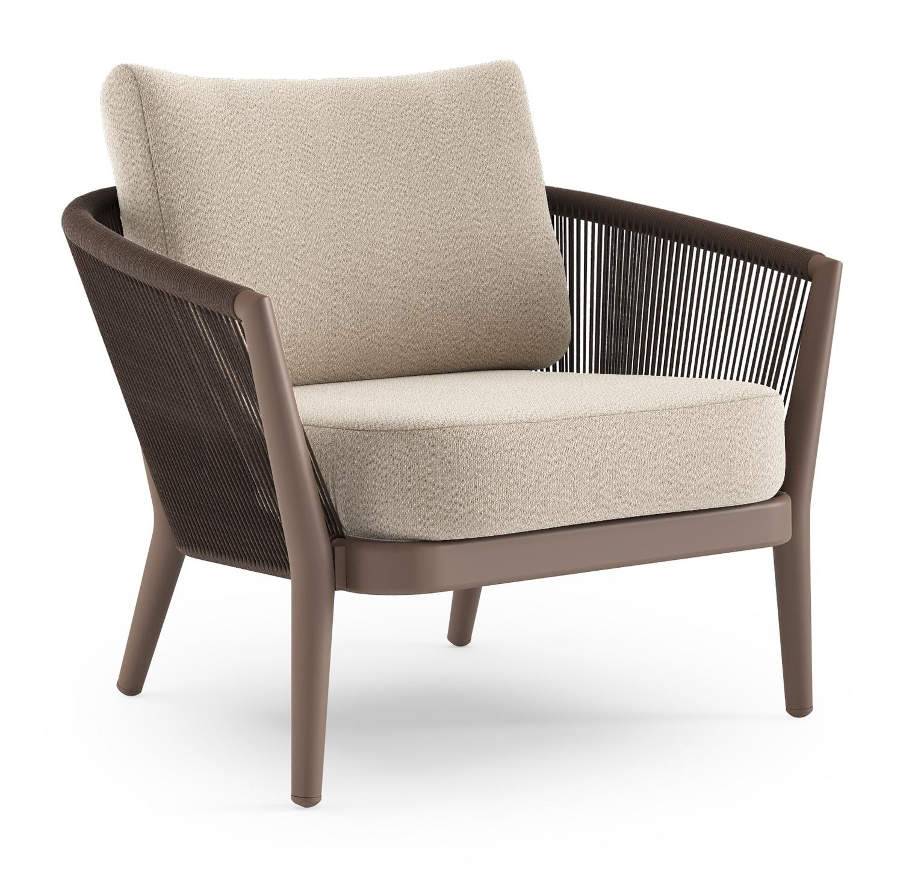 Fauteuil de jardin Orso en aluminium taupe en corde ronde tissée verticalement noir et coussins en all weather sunbrella® luxe Lopi Sand