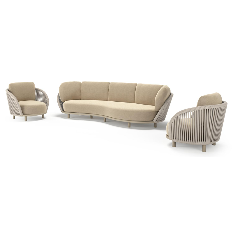Lupino loungeset in beige aluminium en beige verticaal geweven luxe vlakke brede rope met althea camel all weather cosytica kussen