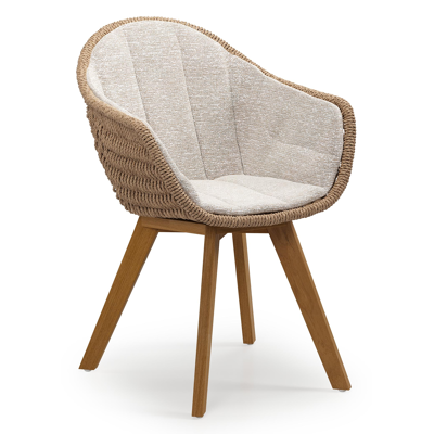 Pagino tuinstoel in teak en naturel ronde wicker met zitkussen in All Weather Sunbrella® Luxe Tundra Sand