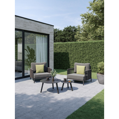 Amarante loungestoel in zwart aluminium en zwart verticaal geweven ronde rope met zwart weather+ softtouch kussen