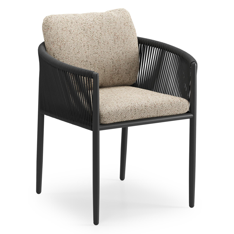 Organo tuinstoel in beige aluminium en beige verticaal geweven ronde rope met stoelkussen in All Weather Cosytica Bora Jungle