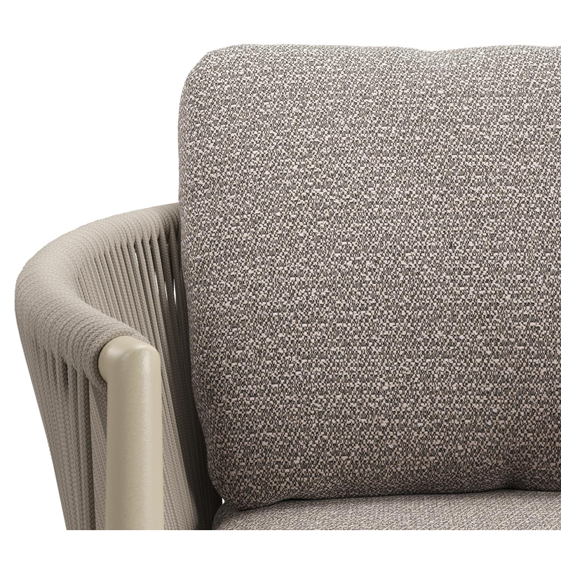 Organo tuinstoel in zwart aluminium en beige verticaal geweven ronde rope met stoelkussen in All Weather Sunbrella® Luxe Wander Granite