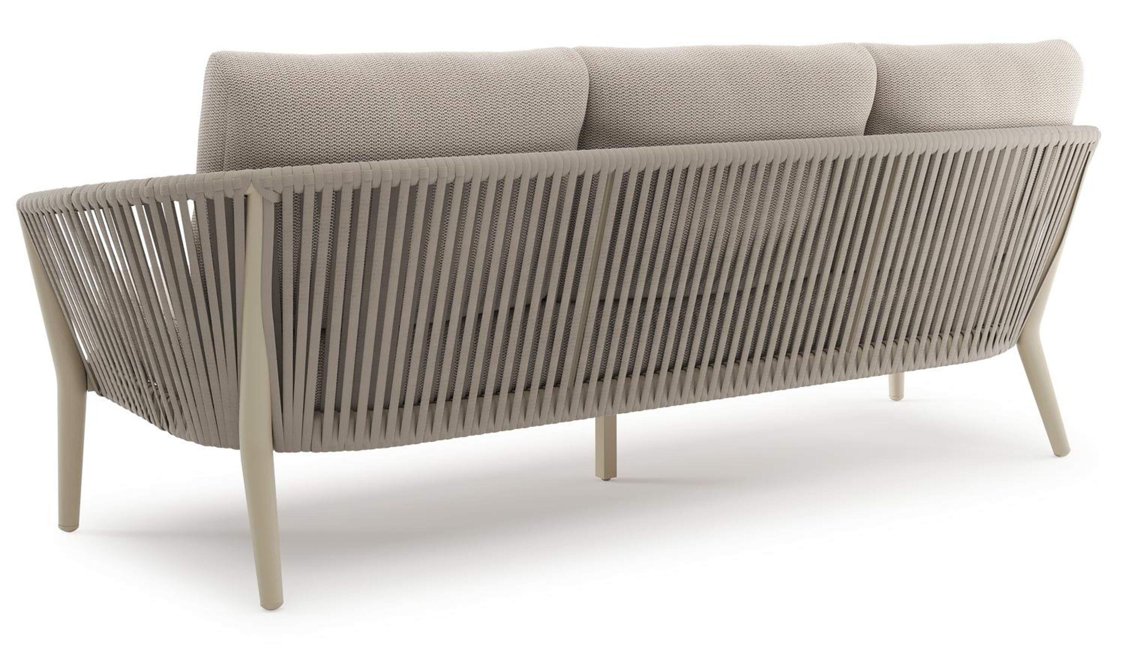 Orso loungebank in beige aluminium en beige verticaal geweven luxe vlakke rope met Lopi Fossil all weather sunbrella® luxe kussen