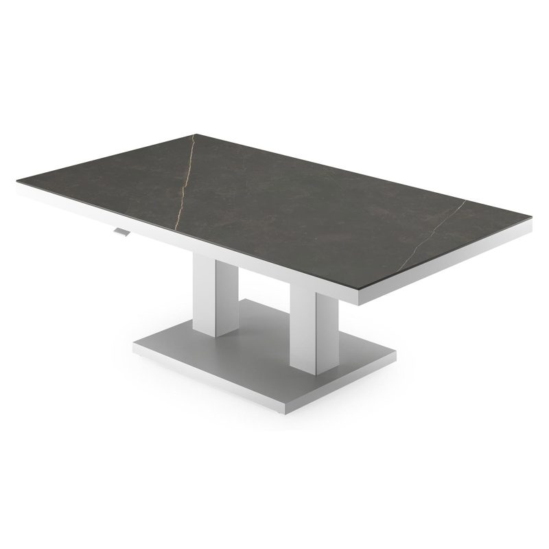 Table de basse pop-up Cirello rectangulaire en aluminium blanc et céramique pleine Calatorao - Lg. 140 x Lrg. 80 x Haut. 71 cm