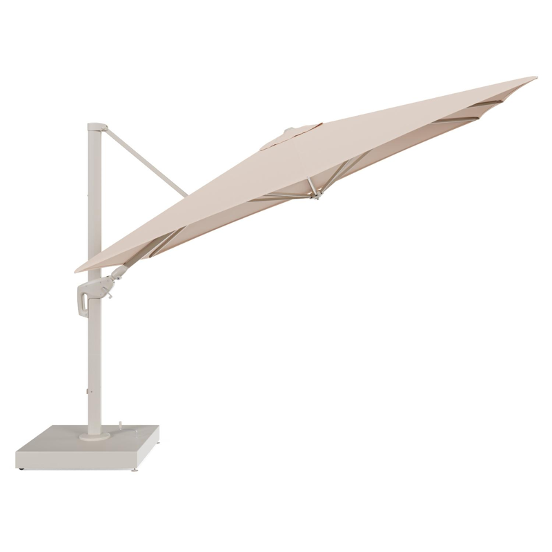 Minore zweefparasol met tiltfunctie in beige aluminium en Natte Linen Chalk All Weather Sunbrella® Luxe parasoldoek - L1 280 x L2 370 cm met parasolvoet Minore 260 kg met wielen