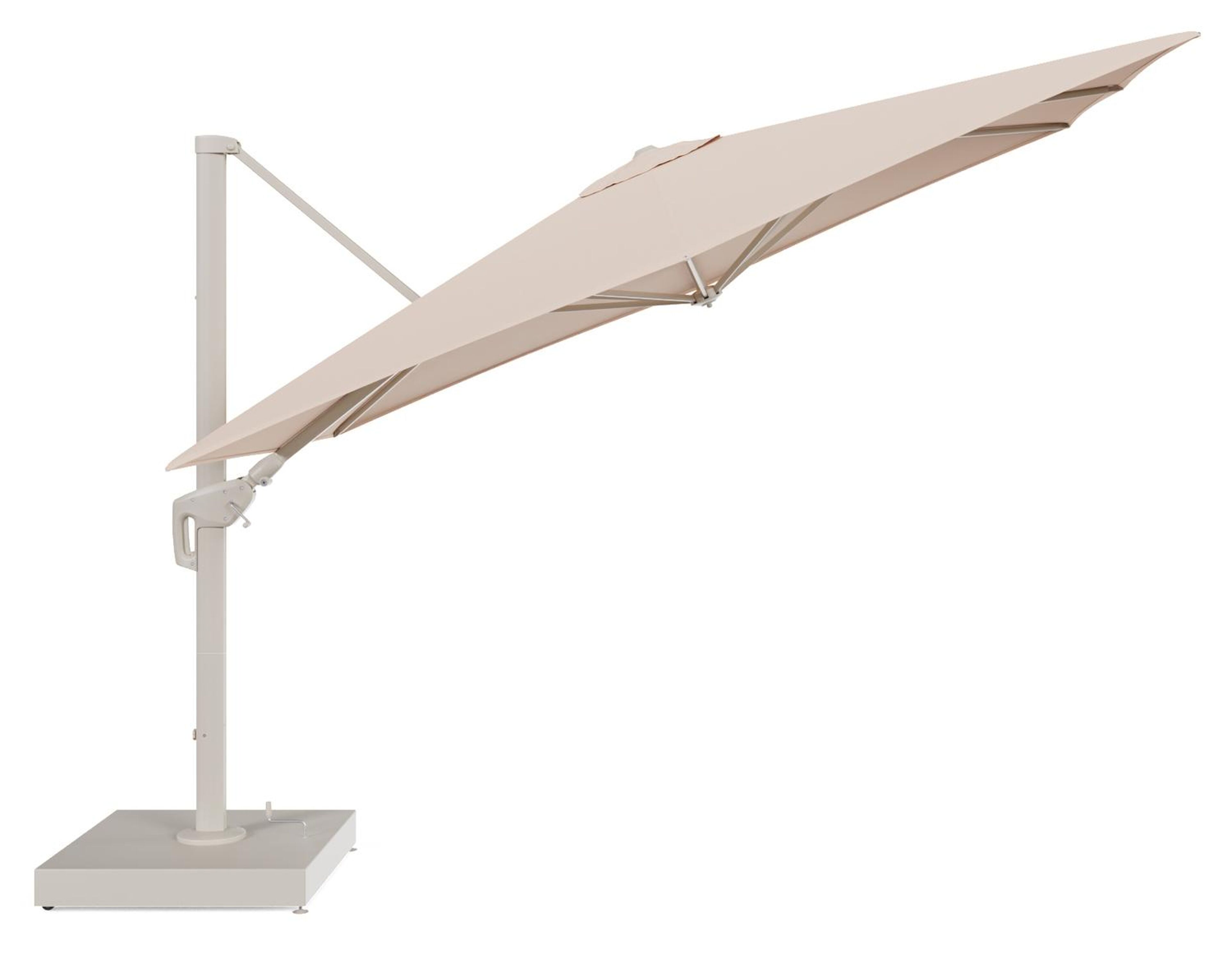 Minore zweefparasol met tiltfunctie in beige aluminium en Natte Linen Chalk All Weather Sunbrella® Luxe parasoldoek - L1 280 x L2 370 cm met parasolvoet Minore 260 kg met wielen