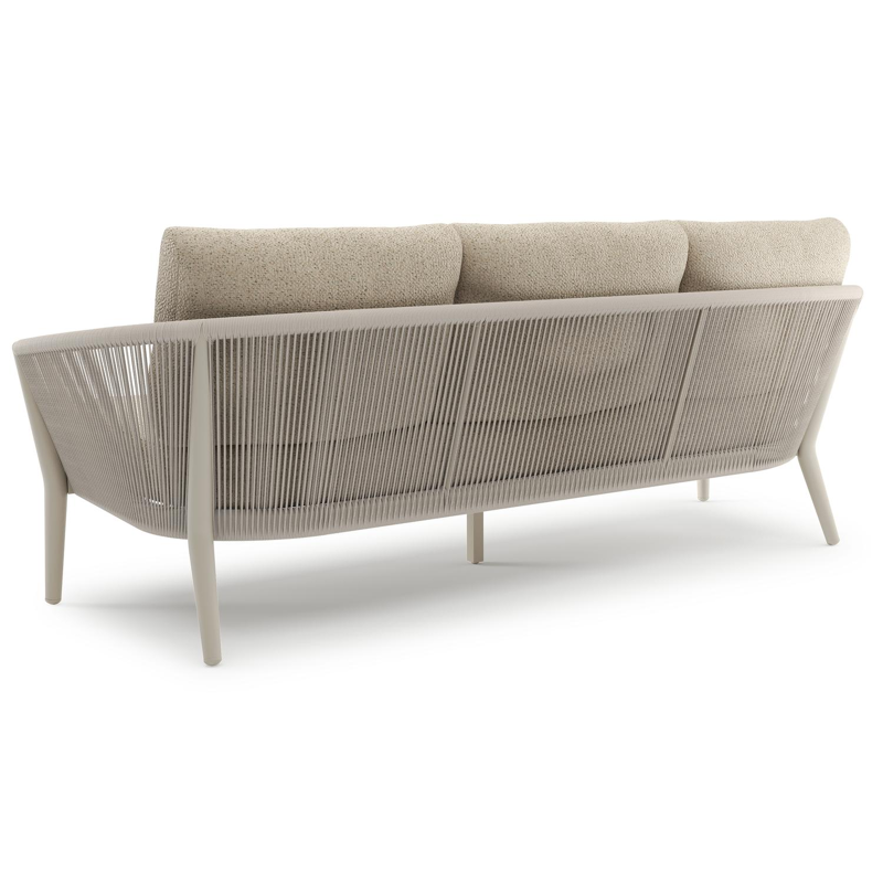 Orso loungeset in beige aluminium en beige verticaal geweven ronde rope met Bora Forest all weather cosytica kussen