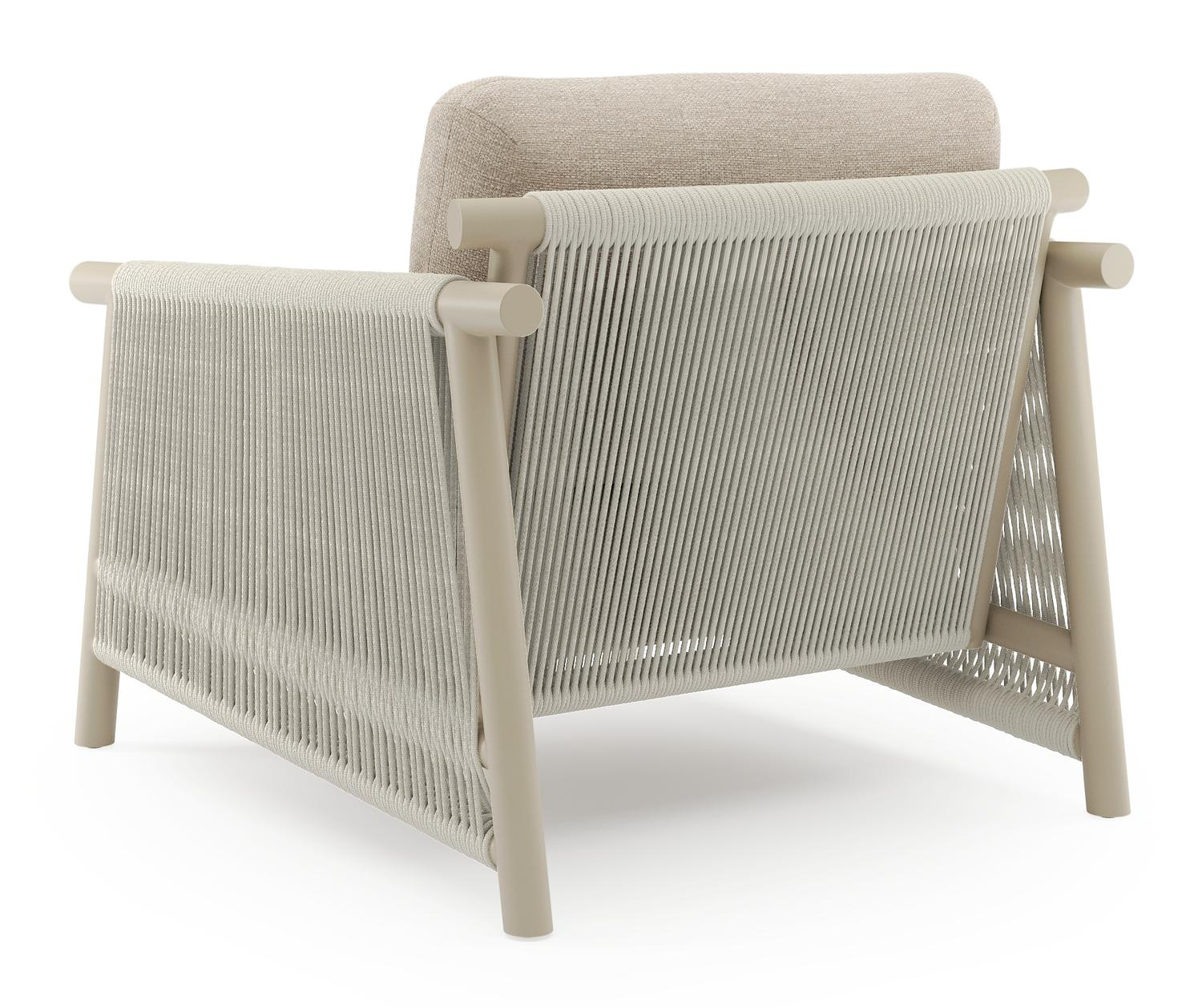 Erla loungestoel in beige aluminium en beige verticaal geweven ronde rope met rustic weather+ softtouch kussen