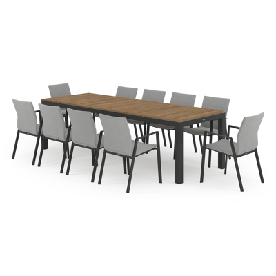 Varese tuinset in zwart aluminium en naturel teak tafelblad met 10 stapelbare Madura tuinstoelen