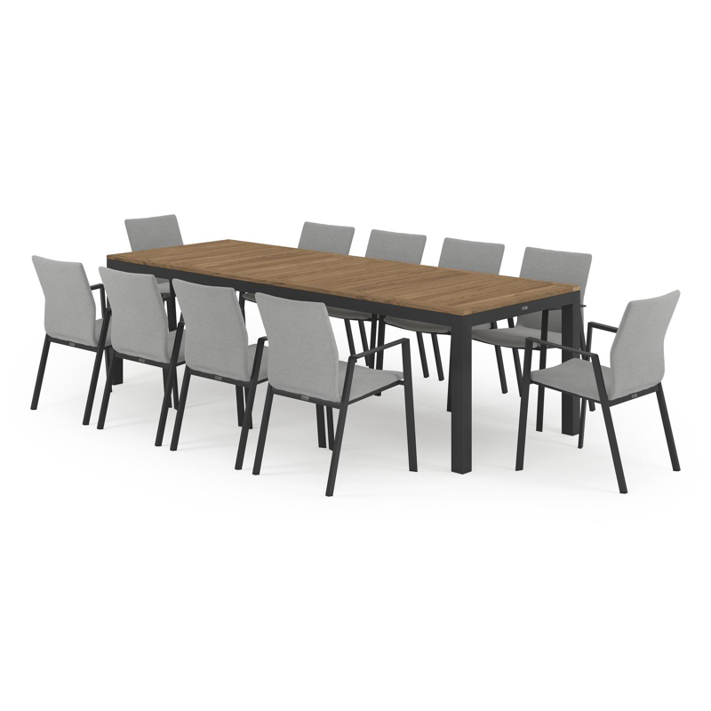 Varese tuinset in zwart aluminium en naturel teak tafelblad met 10 stapelbare Madura tuinstoelen