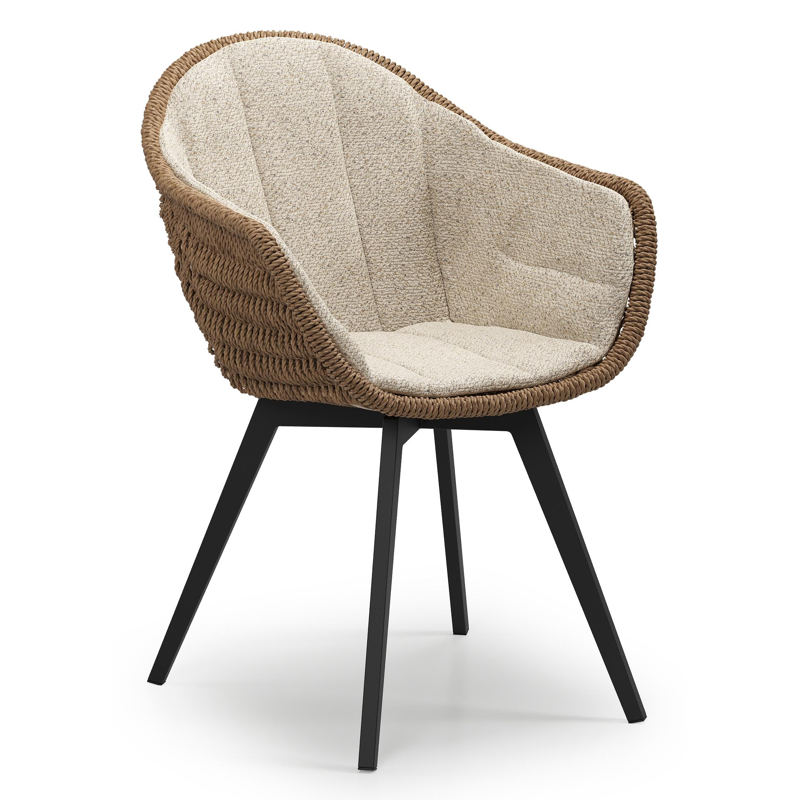 Chaise de jardin Pagino en aluminium noir et résine tressée ronde brun avec coussin en All Weather Cosytica Bora Desert