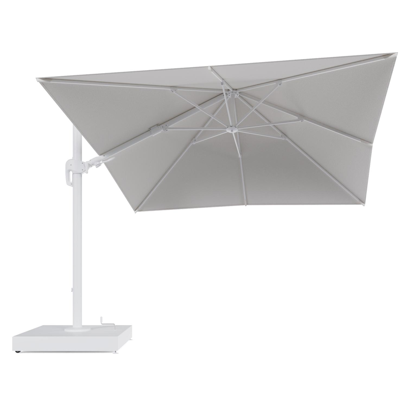 Rufina zweefparasol met tiltfunctie in wit aluminium en Soul Optik All Weather Solica parasoldoek - L1 300 x L2 300 cm met parasolvoet Minore 260 kg met wielen