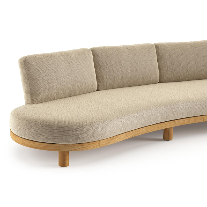 Donato loungebank in teak en beige verticaal geweven ronde rope met all weather cosytica Althea Camel kussen