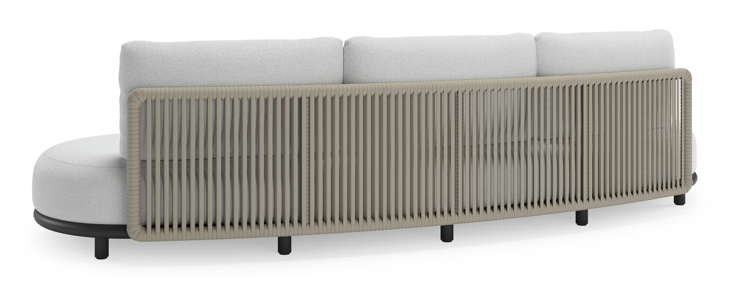 Salon de jardin Lomano en aluminium noir et corde luxe plate tissée verticalement beige et coussins en all weather solica Ego Birch